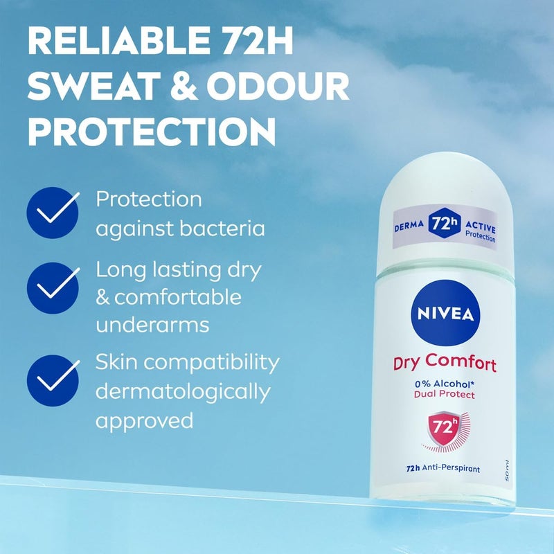 NIVEA Dry Comfort Antiperspirant Deodorant for Women Quick Dry 72h Active Sweat Protection Roll-On, Pack of 3 - Image 3